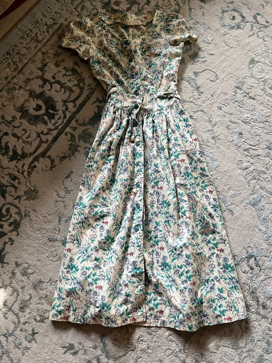 homemade Dresses & Skirts - Floral Midi Dress in Cream with Green & Blue Print